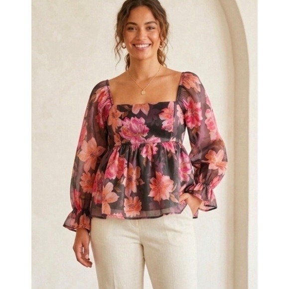 Thirty / Thirty Tops - Thirty/Thirty LA Pink Plum Floral Sheer Blouse Smocked Milkmaid Cottagecore M